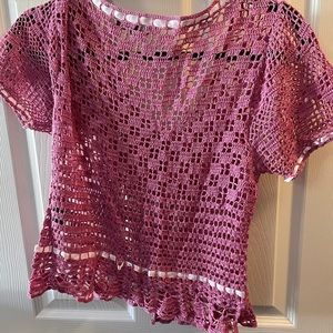 Classic Betsey Johnson Pink crochet sweater with ribbon detail, M